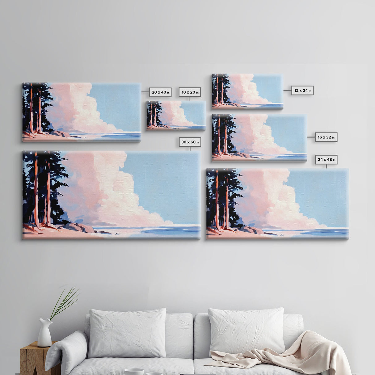 Seaside Pines, Coastal View, Tranquil Landscape, Canvas Print, Nature Wall Art, Beach House Decor, Living Room Art, Blue Minimalist Art