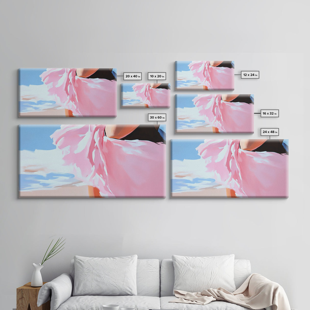 Flowing Dress, Beach Wind, Feminine Elegance, Fashion Wall Art, Framed Canvas Print, Ocean Breeze, Modern Home Decor, Soft Pink Aesthetic