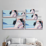 Cliffside View, Tranquil Waters, Framed Canvas Print, Coastal Wall Art, Minimalist Landscape, Serene Home Decor, Blue and Blush Tones