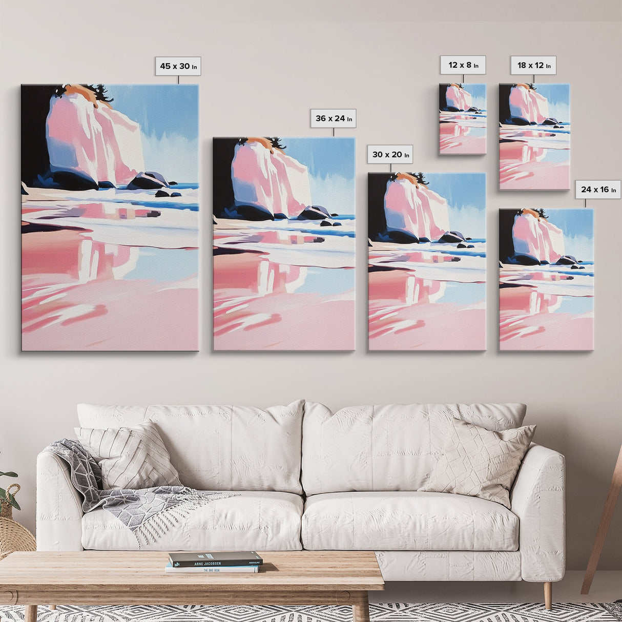Pink Waves, Ocean Reflection, Coastal Landscape, Summer Wall Art, Boho Beach Decor, Canvas Print, Bedroom Art, Vibrant Seaside Painting
