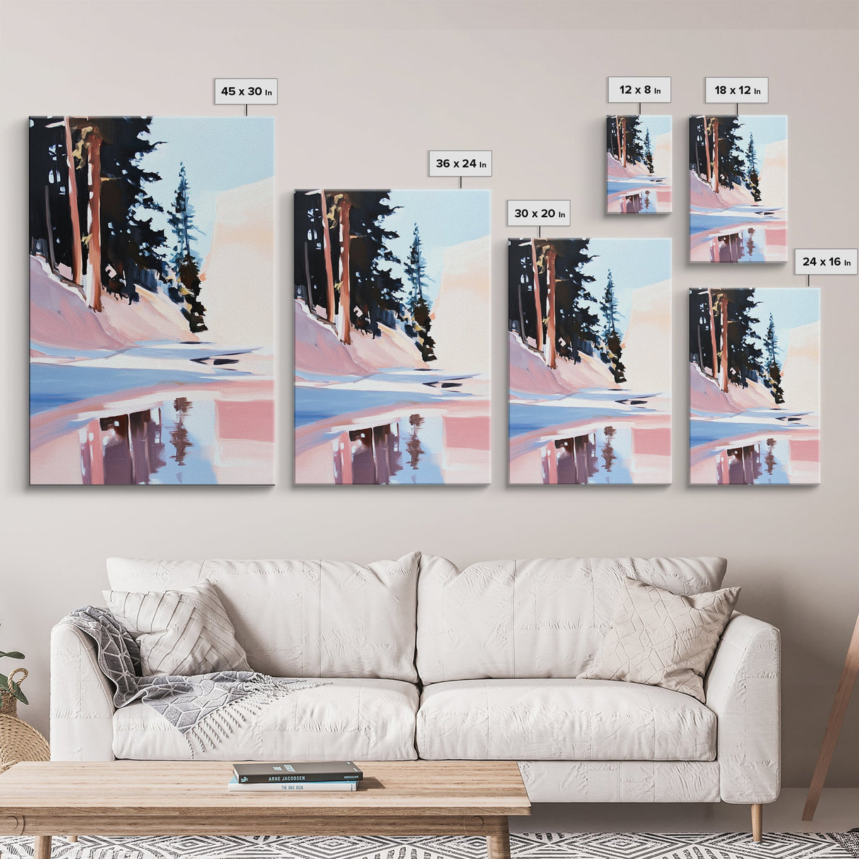 Snowy Pines, Winter Wonderland, Forest Reflection, Canvas Print, Cozy Cabin Decor, Christmas Wall Art, Minimalist Landscape Painting