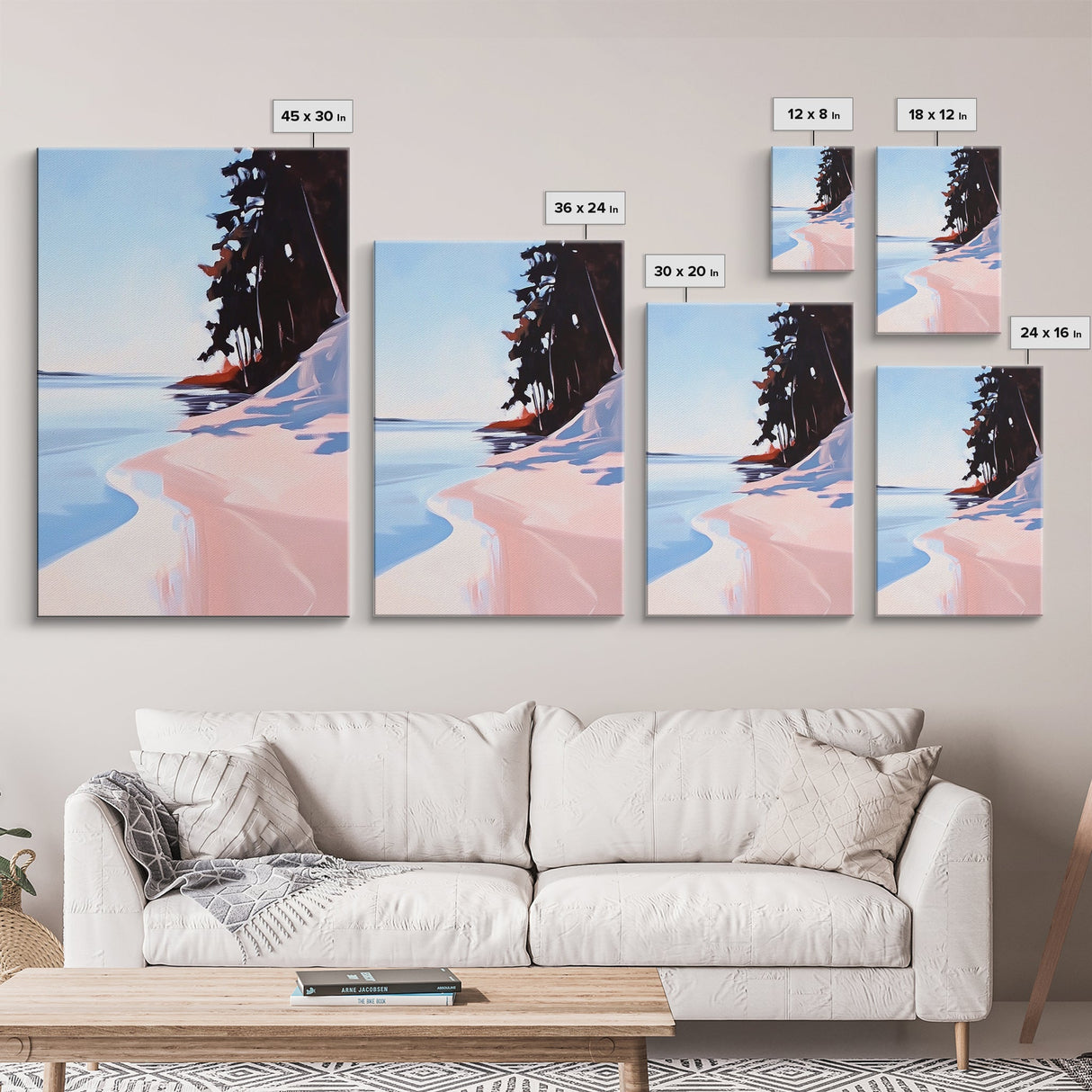 Secluded Beach, Coastal Pines, Ocean Sunset Art, Nature Wall Decor, Framed Canvas Print, Minimalist Seascape, Living Room Art, Boho Print