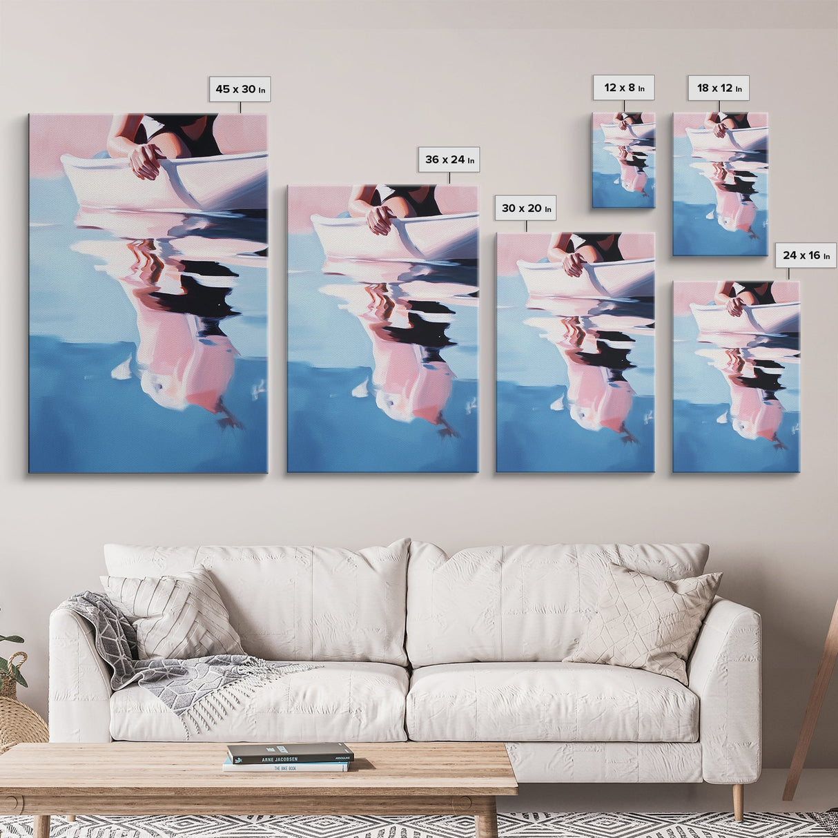 Woman on Water, Summer Reflections, Framed Canvas Print, Contemporary Minimalism, Relaxing Wall Decor, Coastal Home Accent