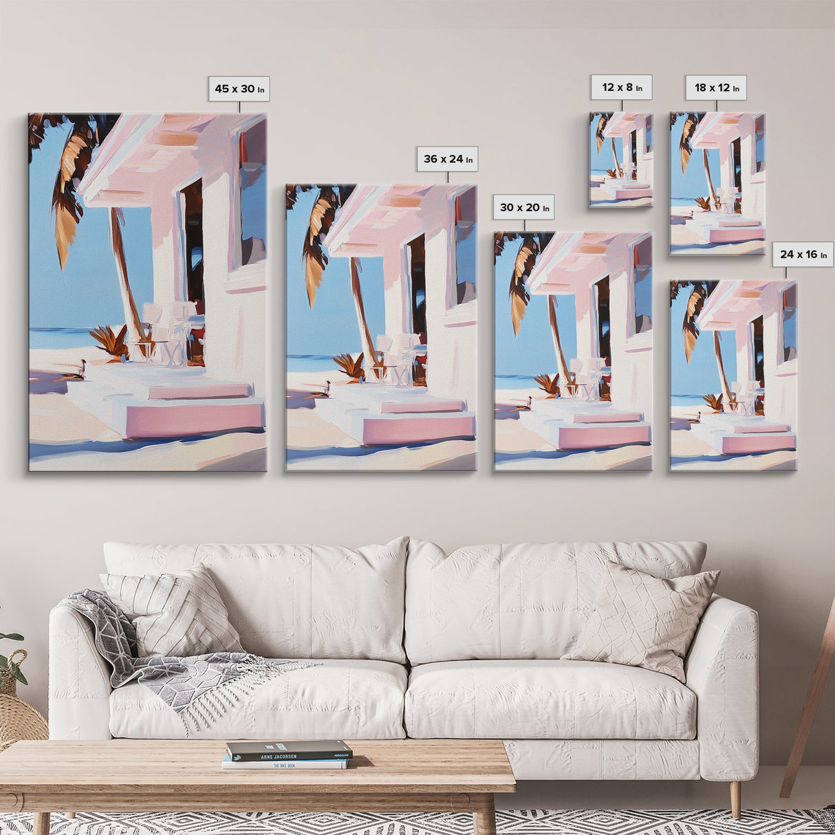 Tropical House, Palm Trees, Beach Art, Modern Coastal, Framed Canvas Print, Relaxing Home Decor, Minimalist Aesthetic, Summer Escape