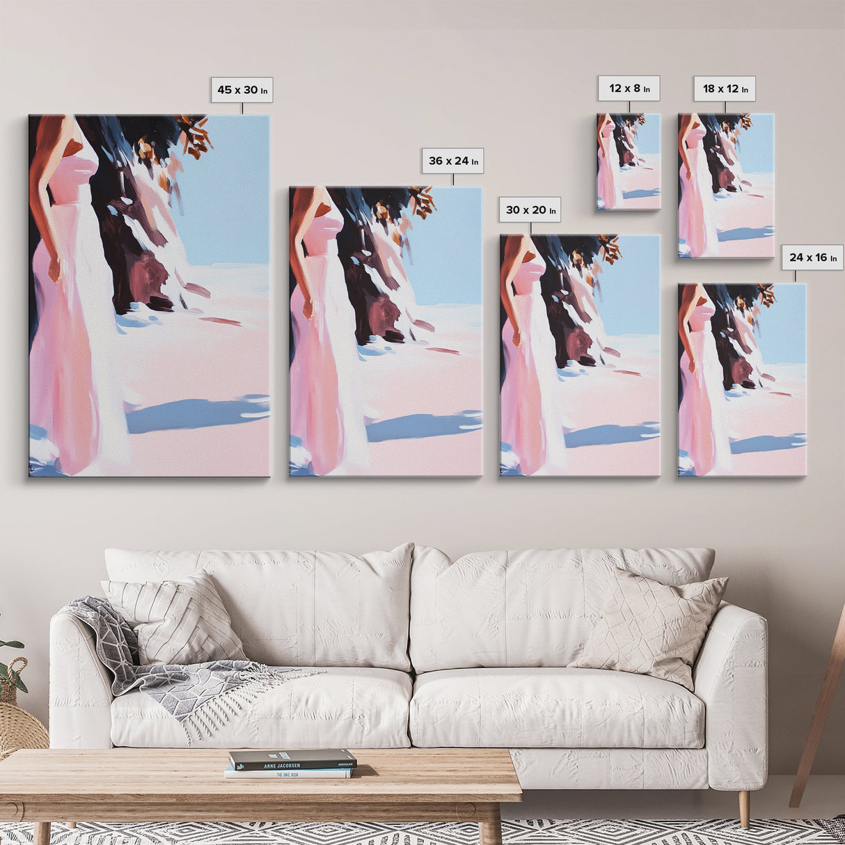 Woman in Dress, Feminine Wall Art, Beach Scene, Soft Pastel Print, Framed Canvas Print, Romantic Home Decor, Elegant Artwork