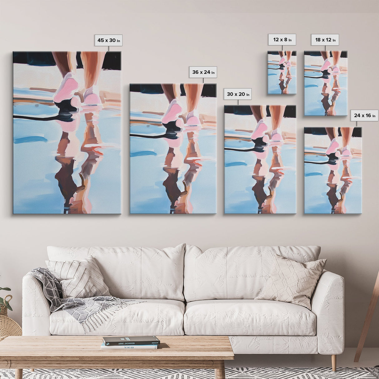Walking Reflection, Water Art, Abstract Minimalist, Modern Home Decor, Blue and Pink Art, Bedroom Wall Art, Framed Canvas Print