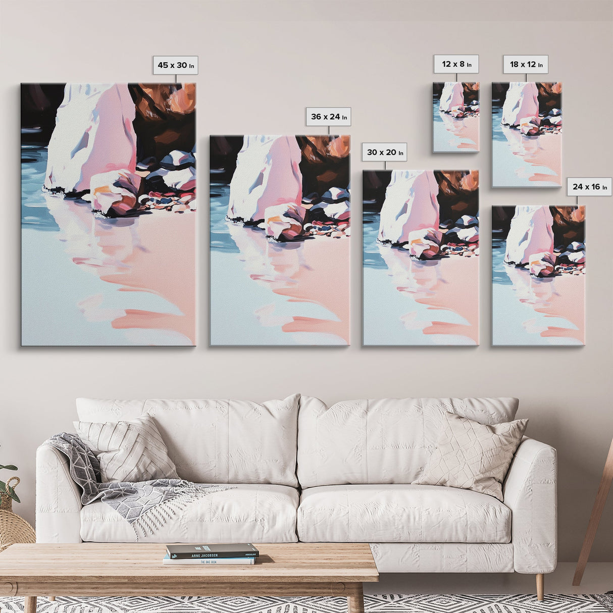 Sunset Rocks, Pastel Mountain Scene, Nature Inspired, Tranquil Landscape, Serene Wall Art, Framed Canvas Print, Bedroom Decor