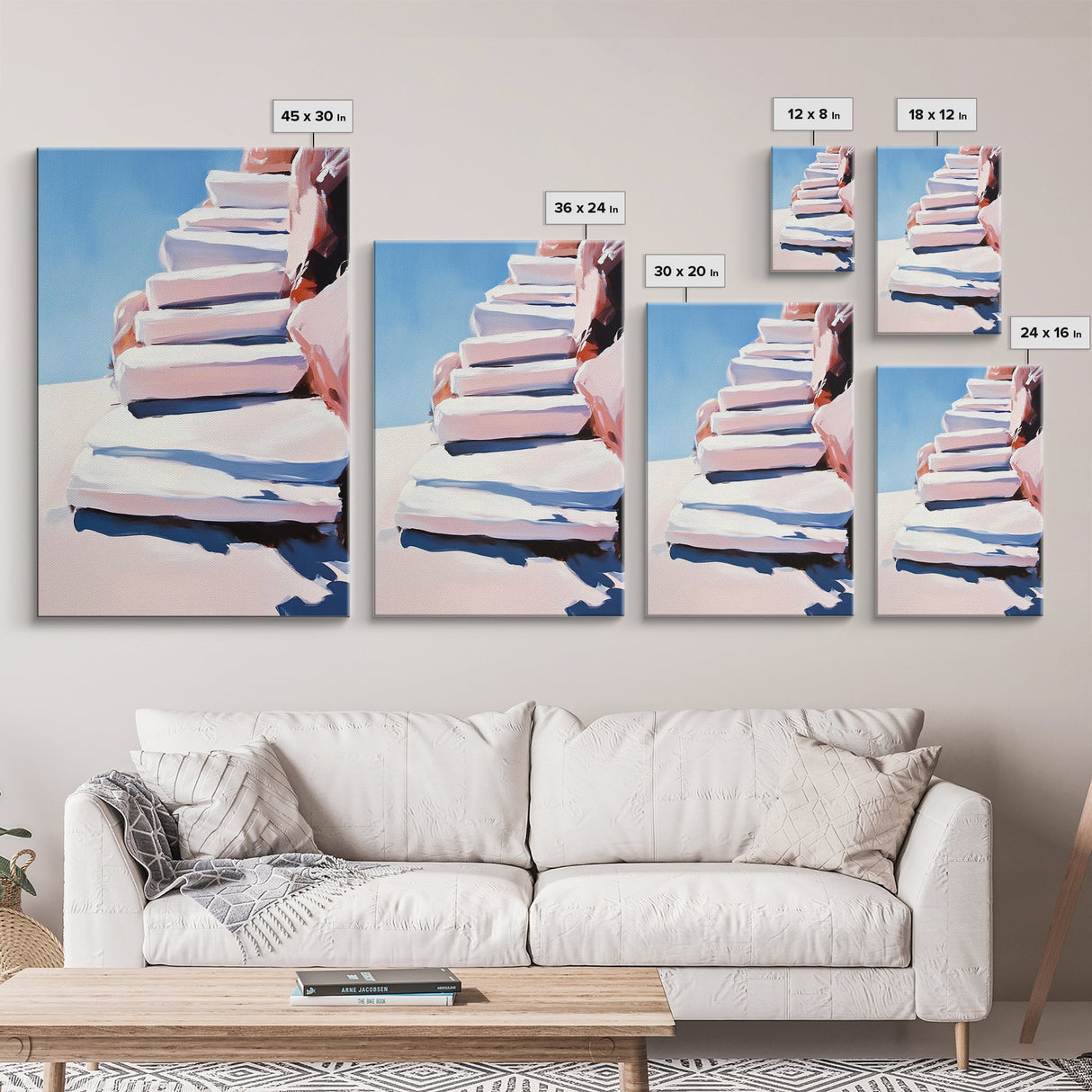 Stairway To Sky, Abstract Architecture, Minimalist Art, Modern Wall Decor, Soft Pastel Tones, Framed Canvas Print, Bedroom