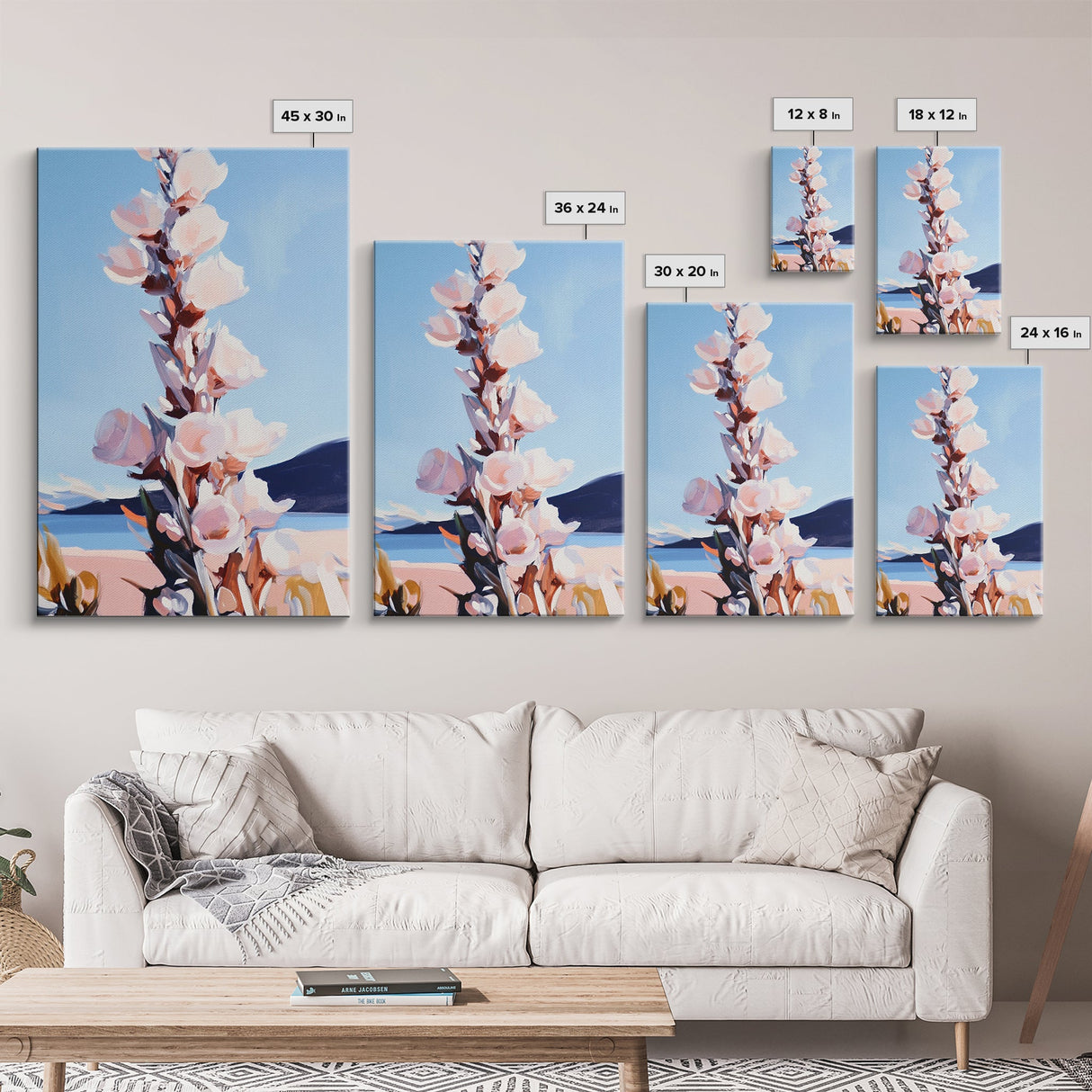 Wildflower Bloom, Pastel Floral Art, Nature Inspired, Tranquil Landscape, Soft Blue and Pink Hues, Framed Canvas Print, Entryway