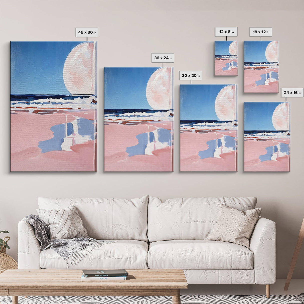 Moonlit Beach, Ocean Waves, Surreal Seascape, Canvas Print, Dreamy Coastal Art, Living Room Decor, Nautical Aesthetic, Minimalist Art