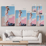 Woman in White, Summer Art, Elegant Coastal Decor, Framed Canvas Print, Beach Painting, Modern Boho Wall Art, Bedroom Wall Art