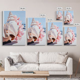 Seashell, Pink Flowers, Beach Aesthetic, Coastal Wall Art, Framed Canvas Print, Nautical Decor, Ocean Lover, Bedroom Art