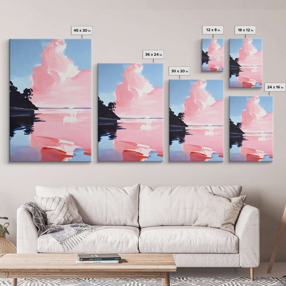 Pink Sky, Minimalist Coastal Art, Framed Canvas Print, Modern Landscape, Boho Sunset Painting, Living Room Wall Art, Serene Beach Decor