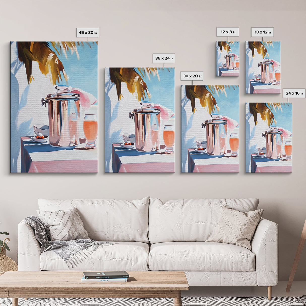 Beach Picnic, Palm Tree, Drinks, Framed Canvas Print, Summer Wall Art, Tropical Aesthetic, Kitchen Art, Coastal Home Decor, Boho Art