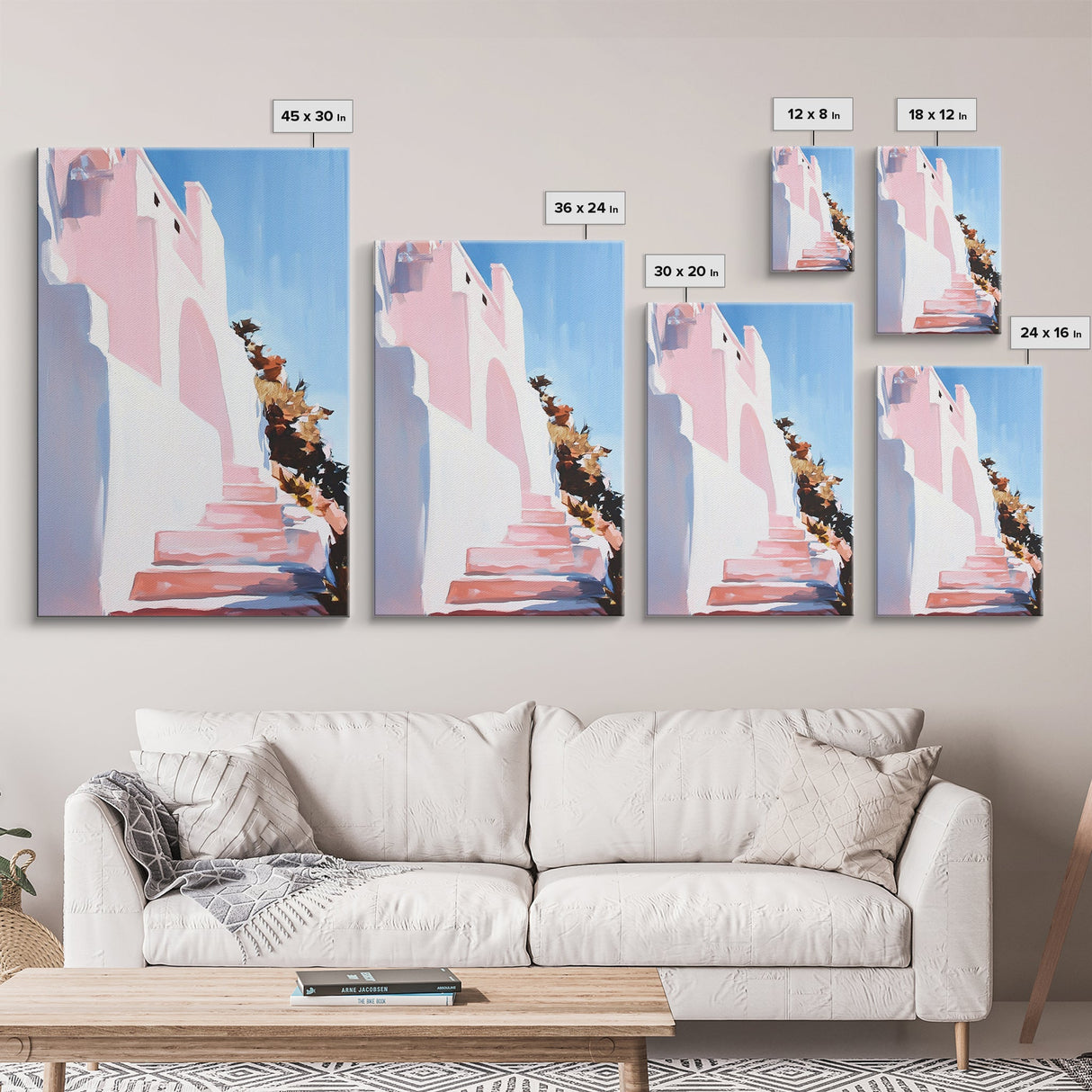Mediterranean Steps, Coastal Wall Art, Santorini Print, Blue and Pink Decor, Travel Painting, Framed Canvas Print, Living Room Art