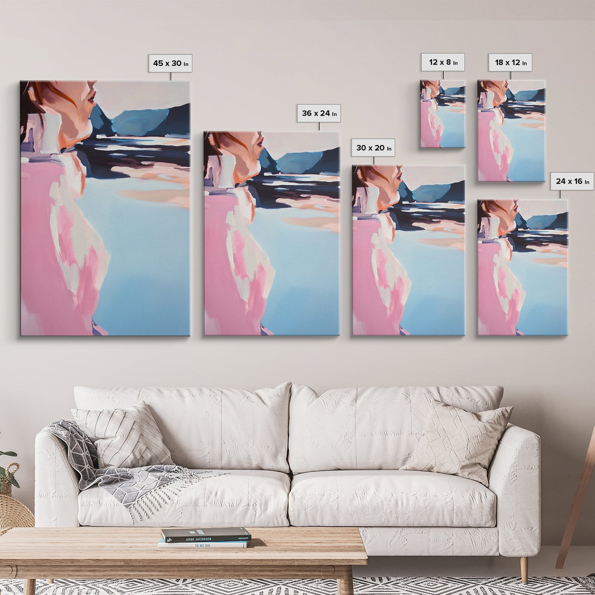 Dreamy Beach Art, Minimalist Woman Portrait, Coastal Fashion Illustration, Soft Pastel Colors, Framed Canvas Print, Bedroom Wall Art