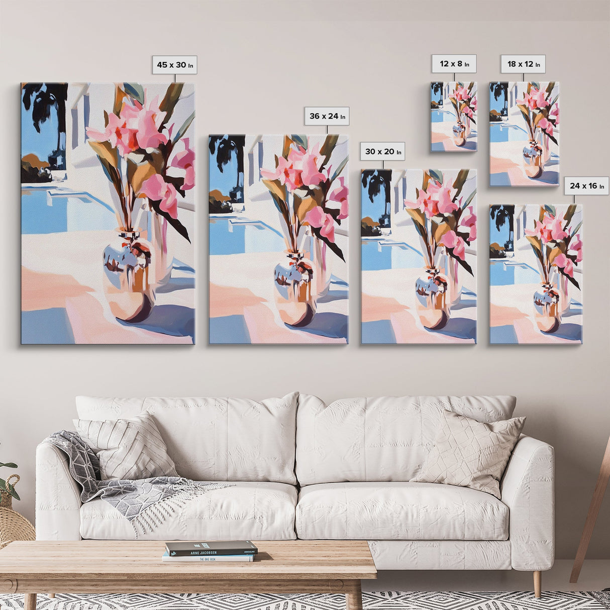 Poolside Flowers, Elegant Floral Painting, Sunlit Summer Decor, Mediterranean Art Style, Framed Canvas Print, Dining Room Wall Art