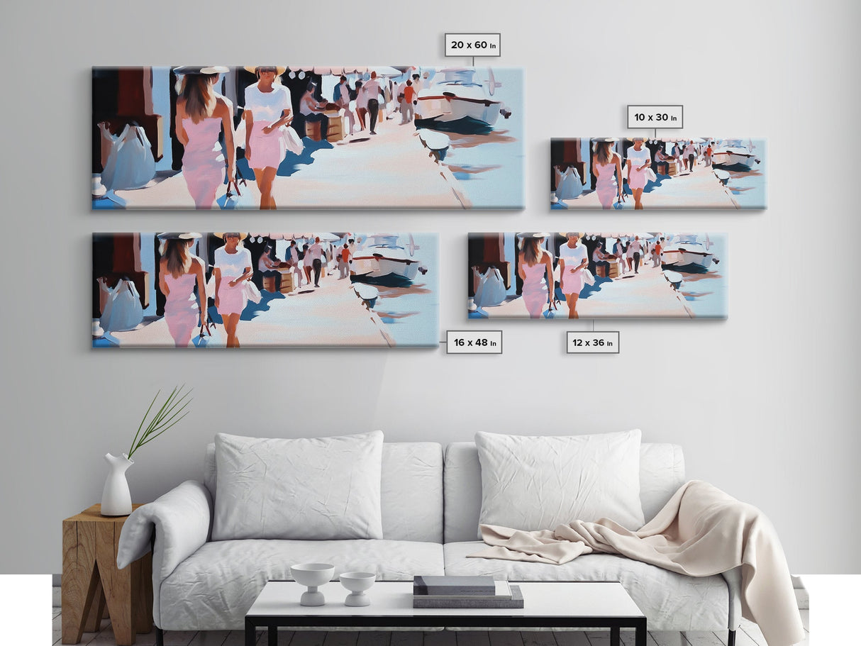 Summer Market, Stylish Women, Canvas Print, European Street Scene, Coastal Town, Fashion Artwork, Chic Home Decor, Travel Aesthetic