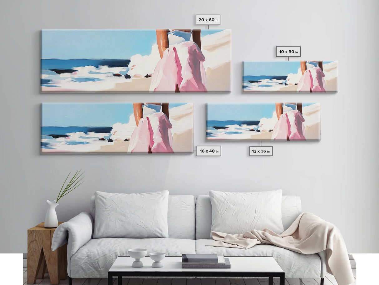 Ocean Waves, Pink Skirt, Windy Shoreline, Framed Canvas Print, Coastal Wall Art, Beach Home Decor, Minimalist Aesthetic, Ocean Scene