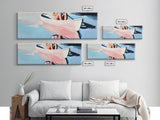 Kayak Adventure, Minimalist, Coastal Wall Art, Boho Home Decor, Blue and Pink, Modern Beach Art, Canvas Print, Nautical Aesthetic