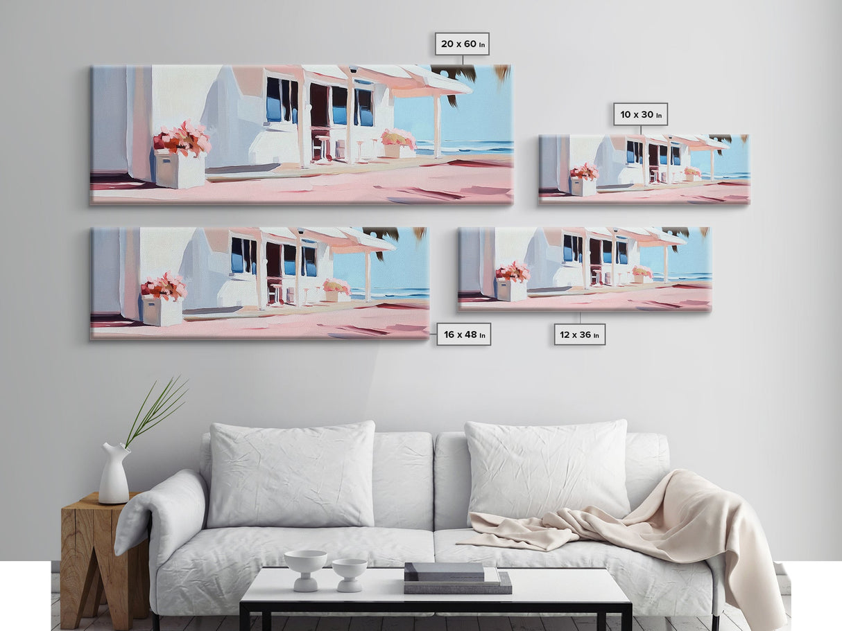 Coastal Café, Beachfront House, Ocean Breeze, Minimalist Canvas Print, Living Room Wall Art, Nautical Home Decor, Modern Coastal Art