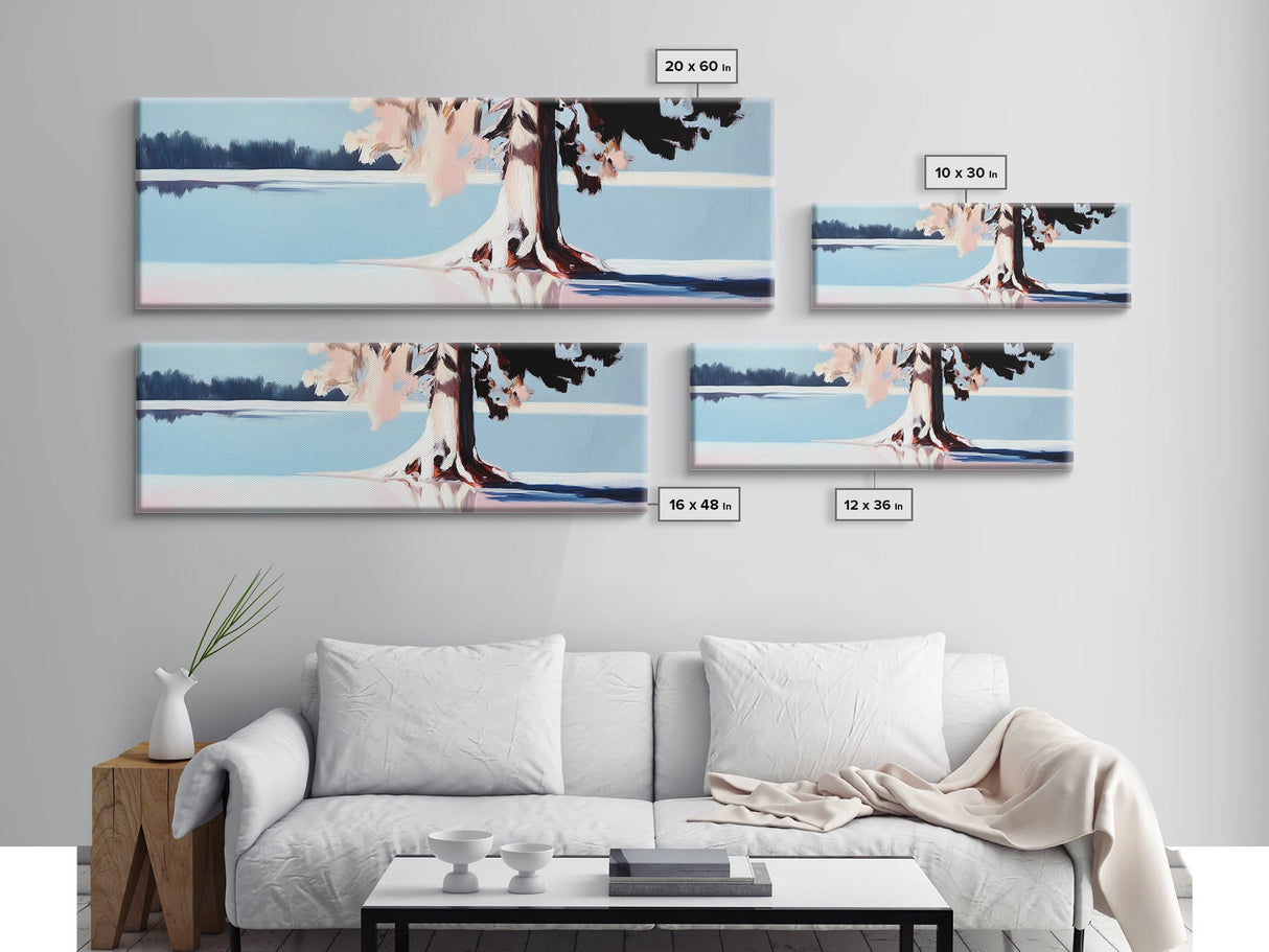 Serene Lake, Tree Reflection, Minimalist Landscape, Canvas Print, Nature Inspired Wall Art, Tranquil Home Decor, Soft Pastel Tones