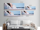 Seaside Woman, Beach Elegance, Minimalist Fashion, Framed Canvas Print, Coastal Wall Art, Soft Pastel Decor, Summer Aesthetic