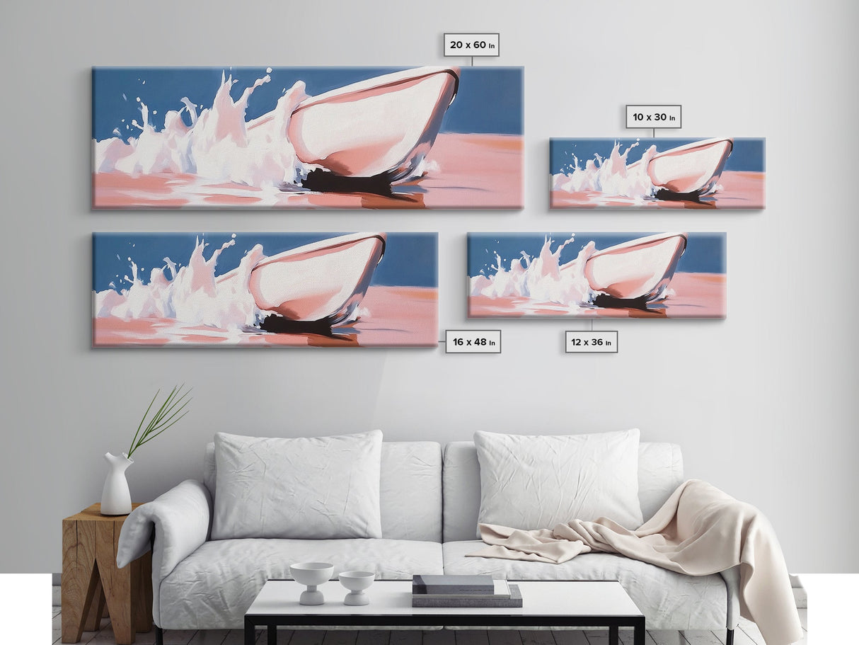 Boat Splash, Ocean Motion, Nautical Art, Framed Canvas Print, Coastal Wall Decor, Relaxing Beach Scene, Minimalist Seascape