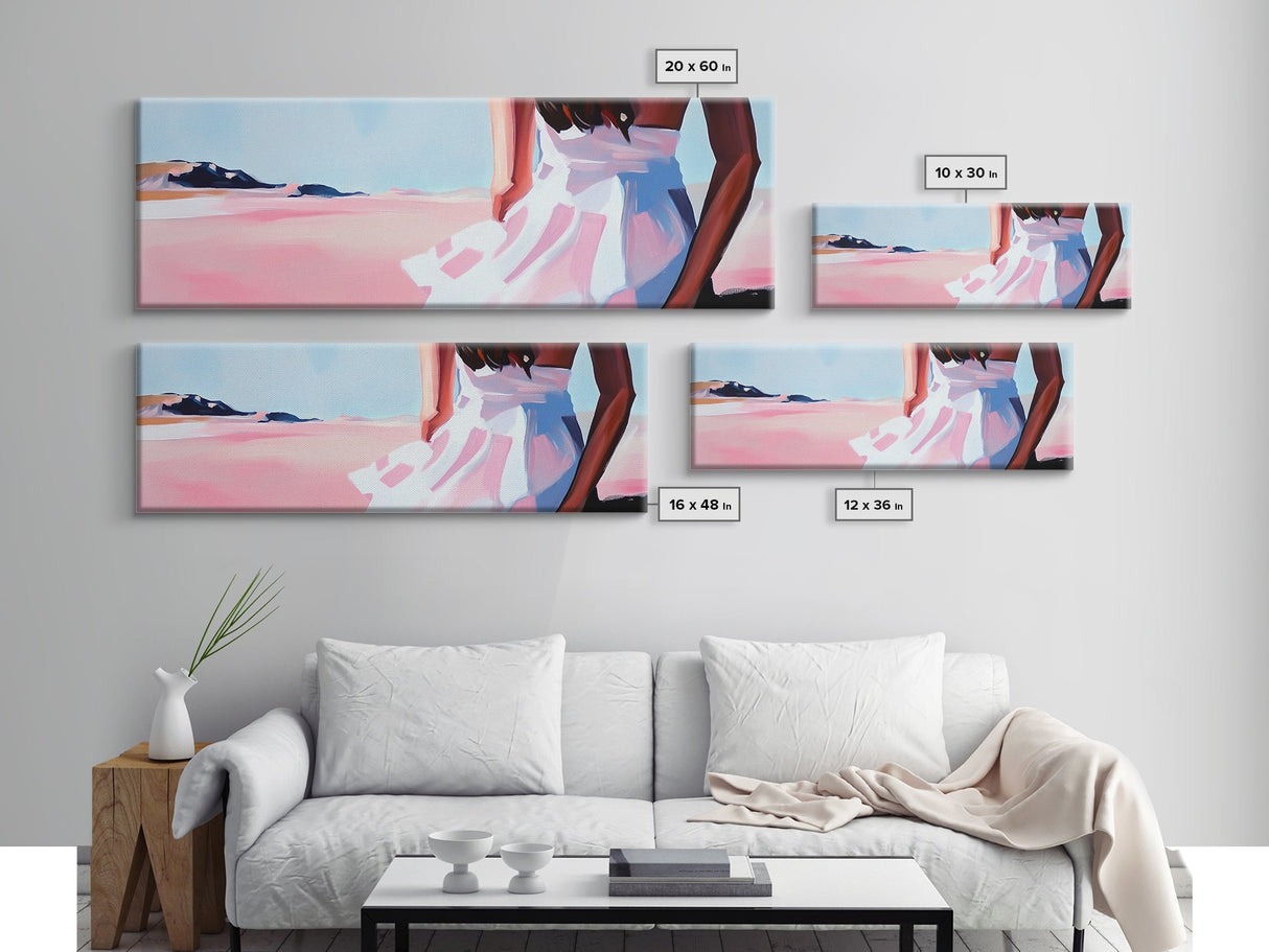 Flowing Dress, Desert Beauty, Feminine Elegance, Framed Canvas Print, Modern Wall Art, Soft Boho Decor, Romantic Pastel Artwork