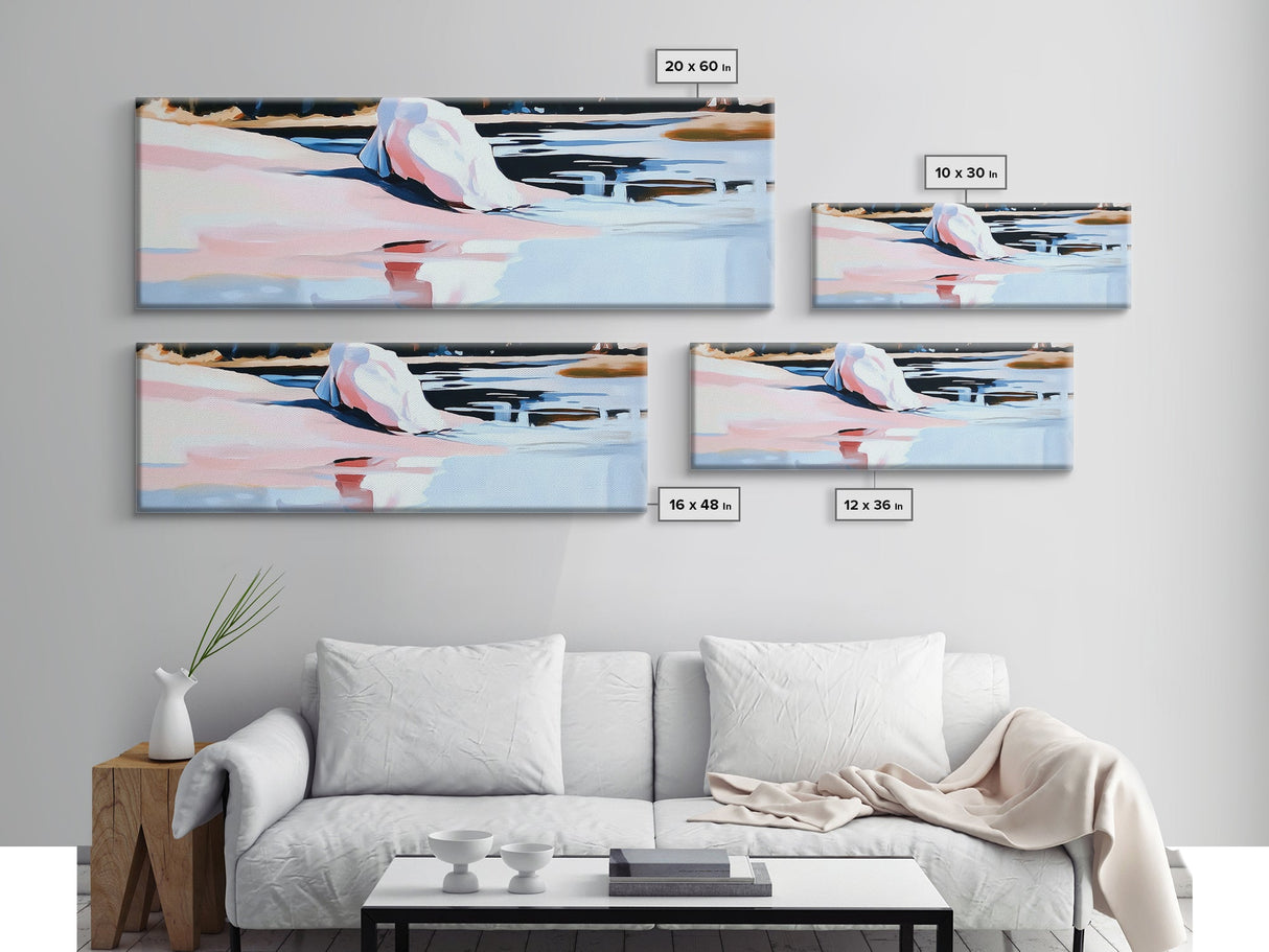 Pink Water Landscape, Tranquil Beach Art, Ocean Reflection, Modern Boho Decor, Bedroom Wall Art, Coastal Print, Framed Canvas Print