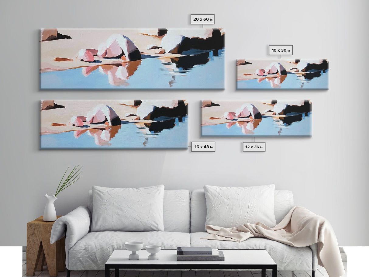 Coastal Rocks, Beach Reflection, Seascape Painting, Pastel Shoreline Art, Minimalist Nautical Decor, Living Room Art, Framed Canvas Print