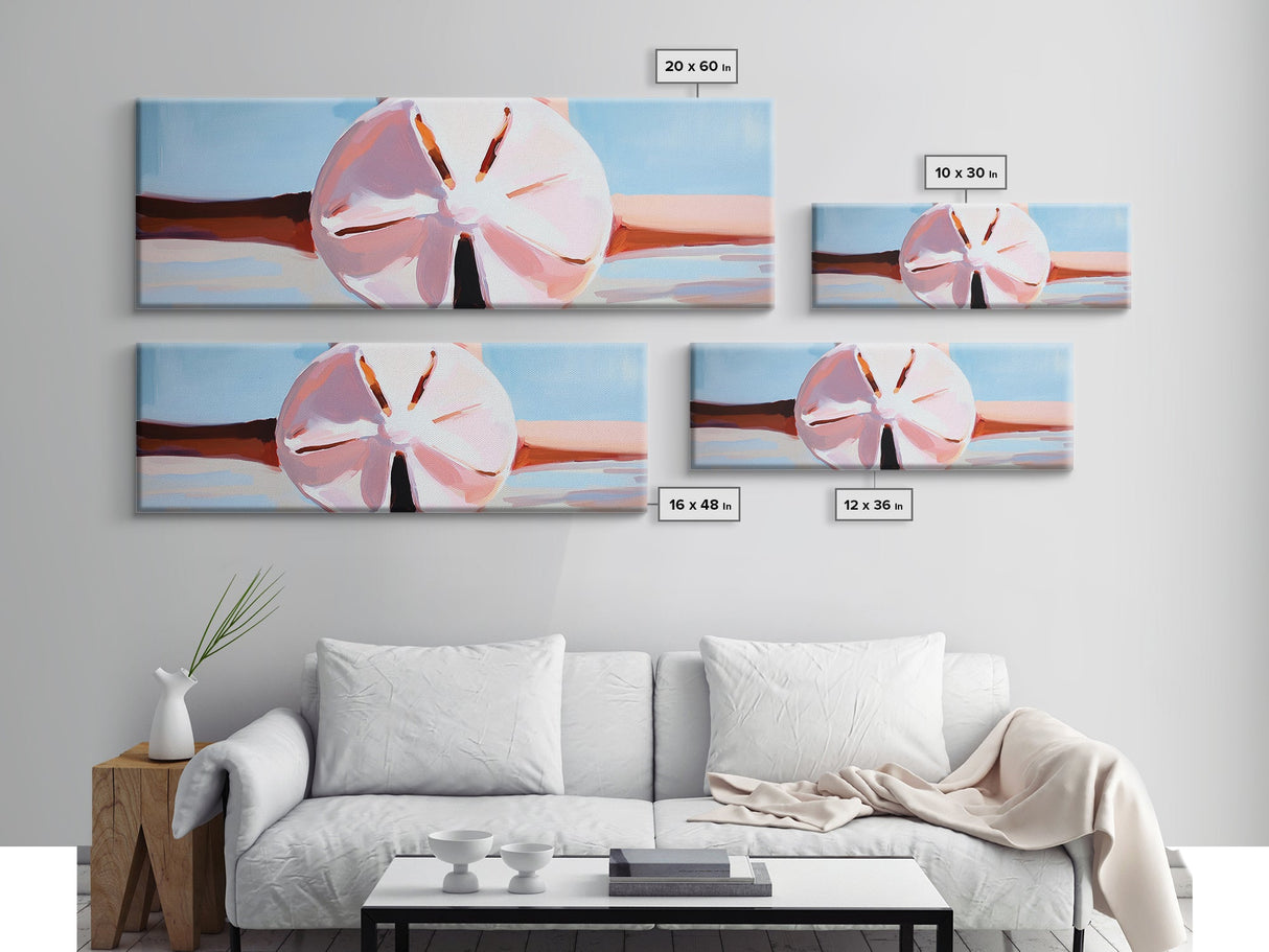 Sand Dollar Art, Coastal Wall Decor, Beach House Art, Nautical Print, Minimalist Ocean Painting, Pastel Seascape, Framed Canvas Print
