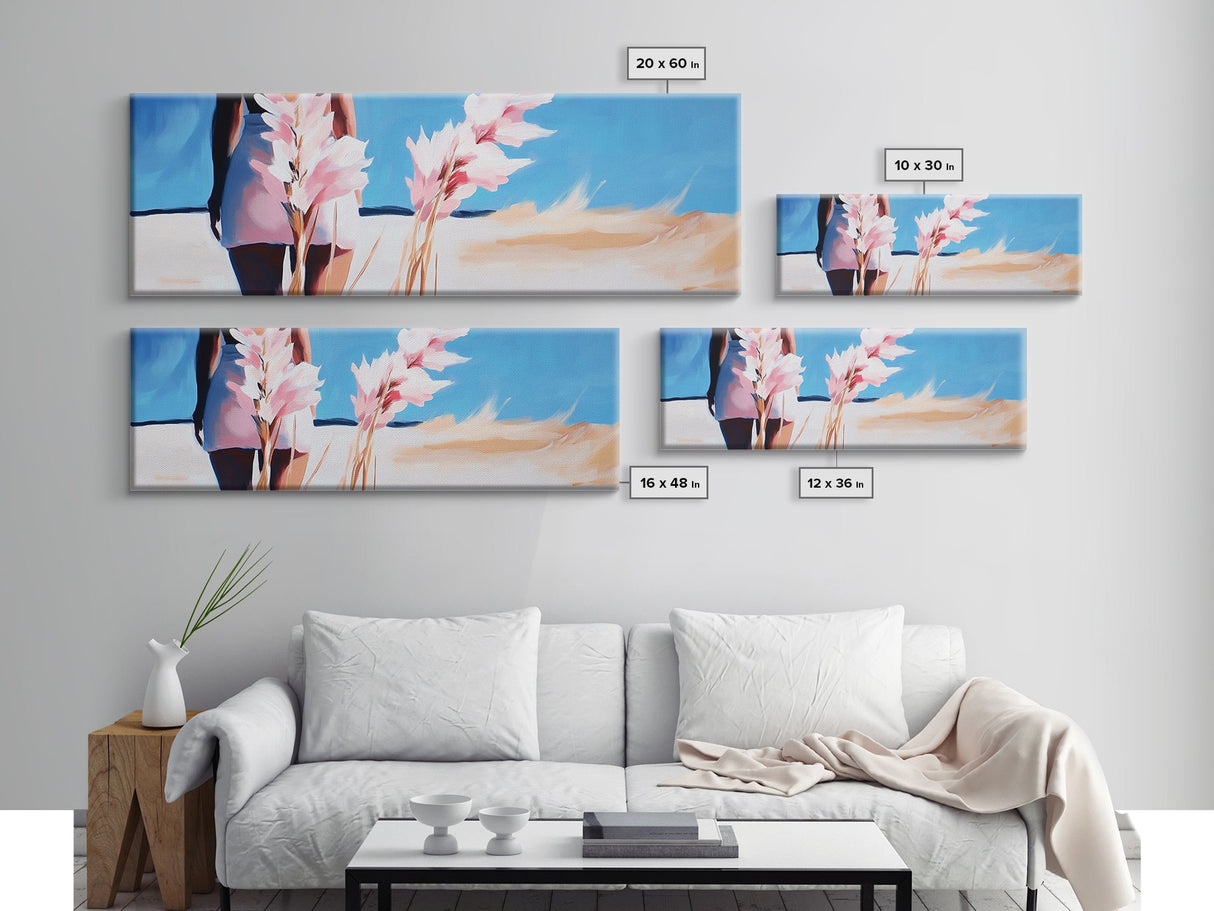 Woman Beach, Pastel Flowers, Feminine Art, Ocean View, Dreamy Coastal Decor, Framed Canvas Print, Bedroom Wall Art, Soft Aesthetic Art