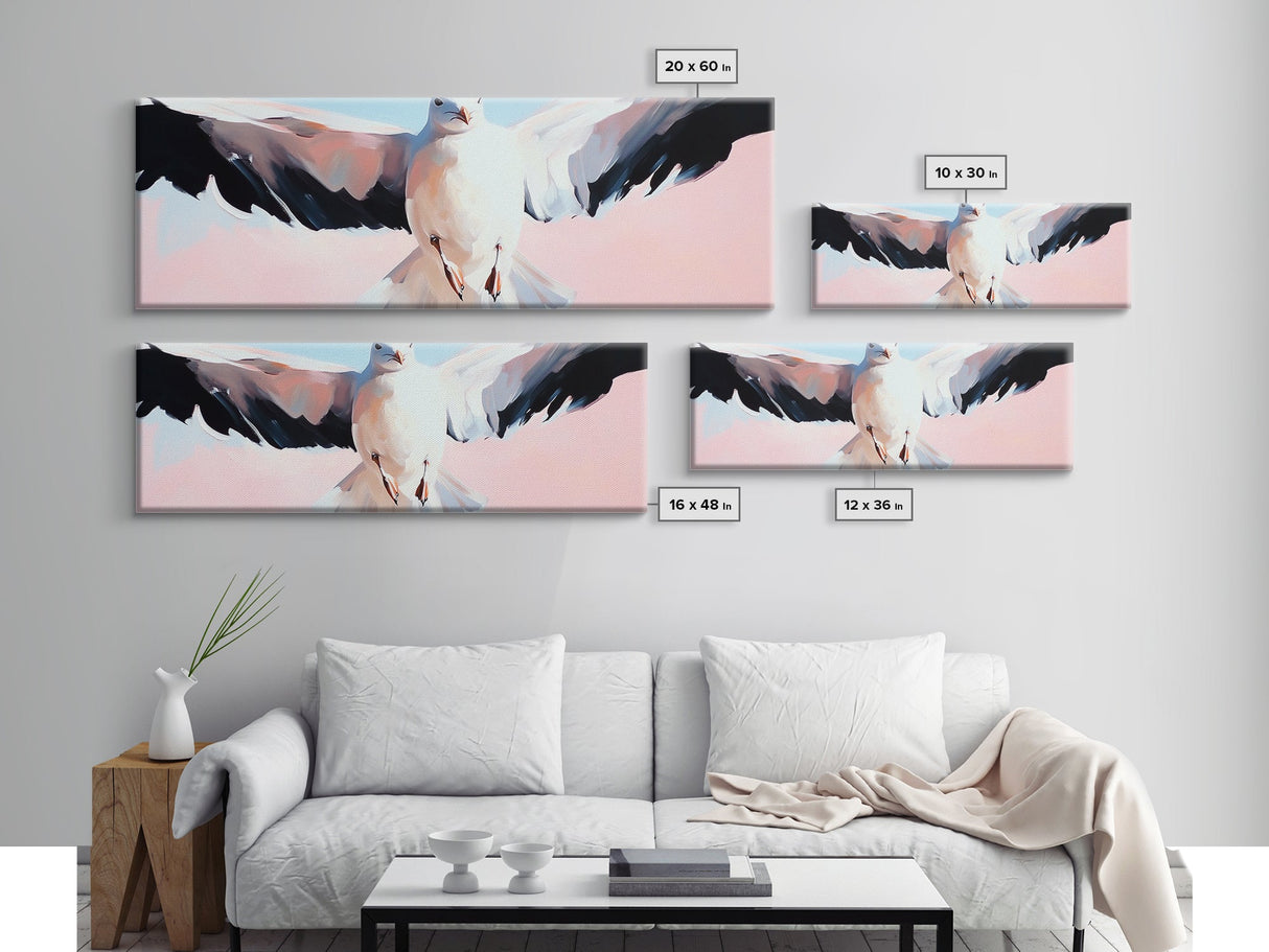 Flying Seagull, Coastal Bird, Ocean Breeze, Nautical Theme, Minimalist Art, Framed Canvas Print, Beach House Wall Art, Seaside Decor