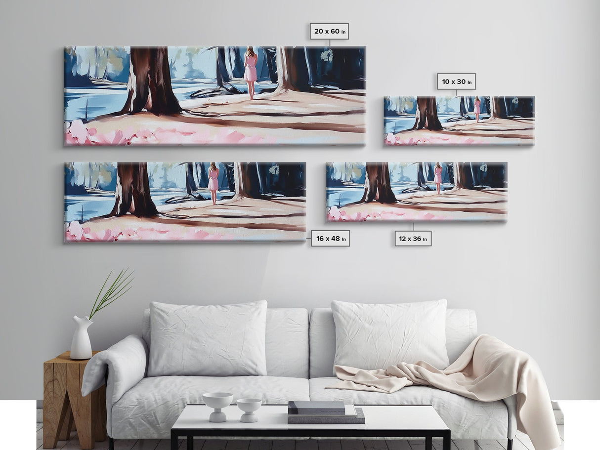 Forest Walk, Woman in Woods, Tranquil Landscape, Nature Escape, Romantic Art, Framed Canvas Print, Living Room Wall Art, Woodland Scene