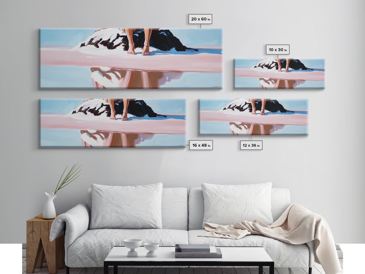 Seated on Rock, Serene Beach, Pink Tones, Coastal Minimalism, Contemporary Decor, Canvas Print, Bedroom Wall Art, Boho Vibes