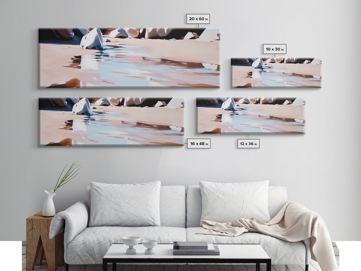 River Rocks, Water Reflection, Nature Landscape, Framed Canvas Print, Earthy Wall Art, Minimalist Zen Painting, Calming Home Decor