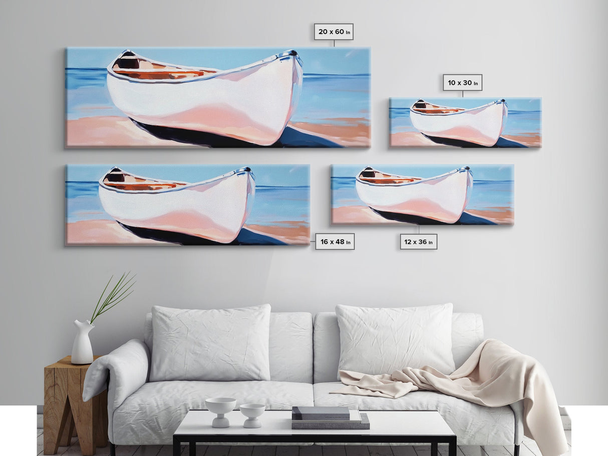 White Canoe, Coastal Wall Art, Seaside Aesthetic, Framed Canvas Print, Minimalist Boat Painting, Nautical Beach House Art, Ocean Decor