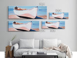 White Canoe, Coastal Wall Art, Seaside Aesthetic, Framed Canvas Print, Minimalist Boat Painting, Nautical Beach House Art, Ocean Decor
