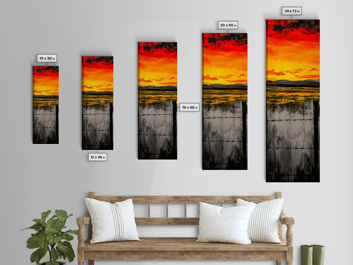 Sunset Fence, Fiery Sky, Bold Colors, Canvas Print, Western Landscape, Rustic Home Decor, Ranch Wall Art, Farmhouse Living Room