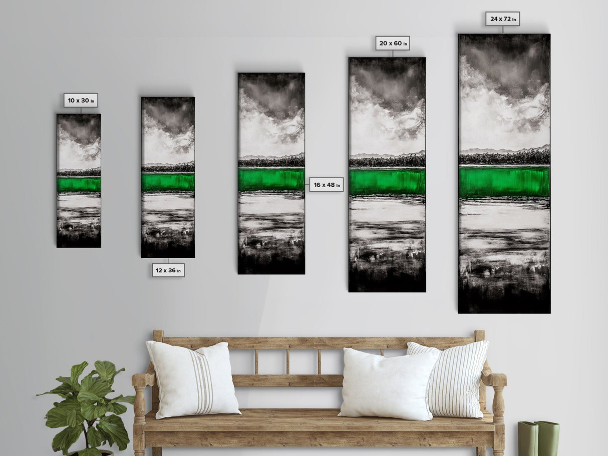 Green Lake, Moody Sky, Reflection, Framed Canvas Print, Minimalist Landscape, Monochrome Art, Office Decor, Nature Inspired Wall Art