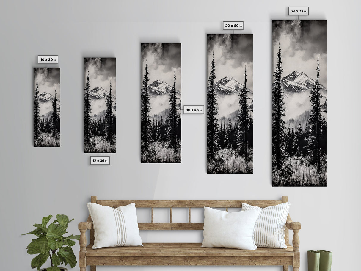 Snowy Mountains, Black and White, Misty Pines, Canvas Print, Winter Wall Art, Nature Photography, Lodge Decor, Cabin Wall Art
