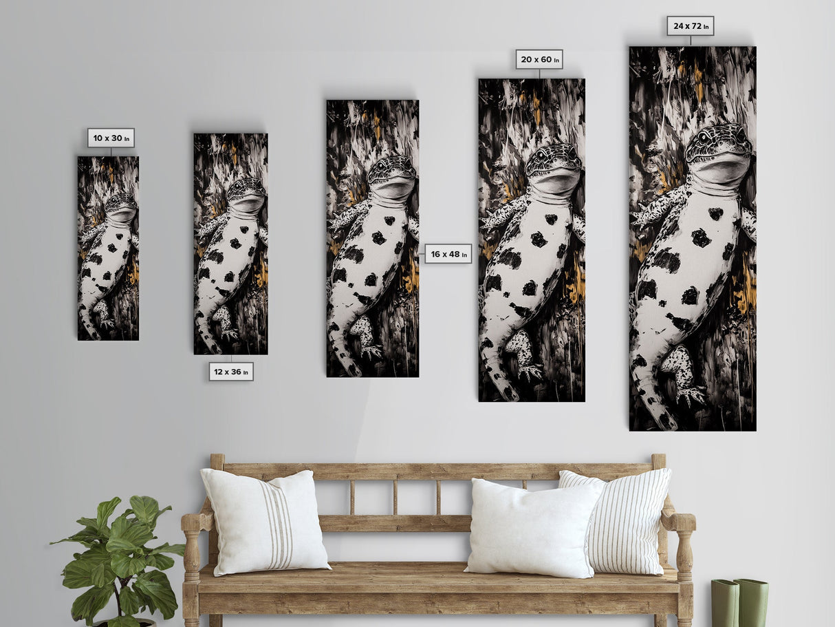 Spotted Lizard, Nature Wildlife, Animal Art, Black White Reptile, Rustic Wall Decor, Unique Home Art, Framed Canvas Print