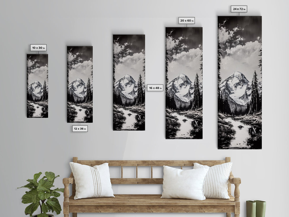Snowy Peak, Mountain Reflection, Black White Nature, Adventure Landscape, Cabin Decor, Hiking Art, Framed Canvas Print