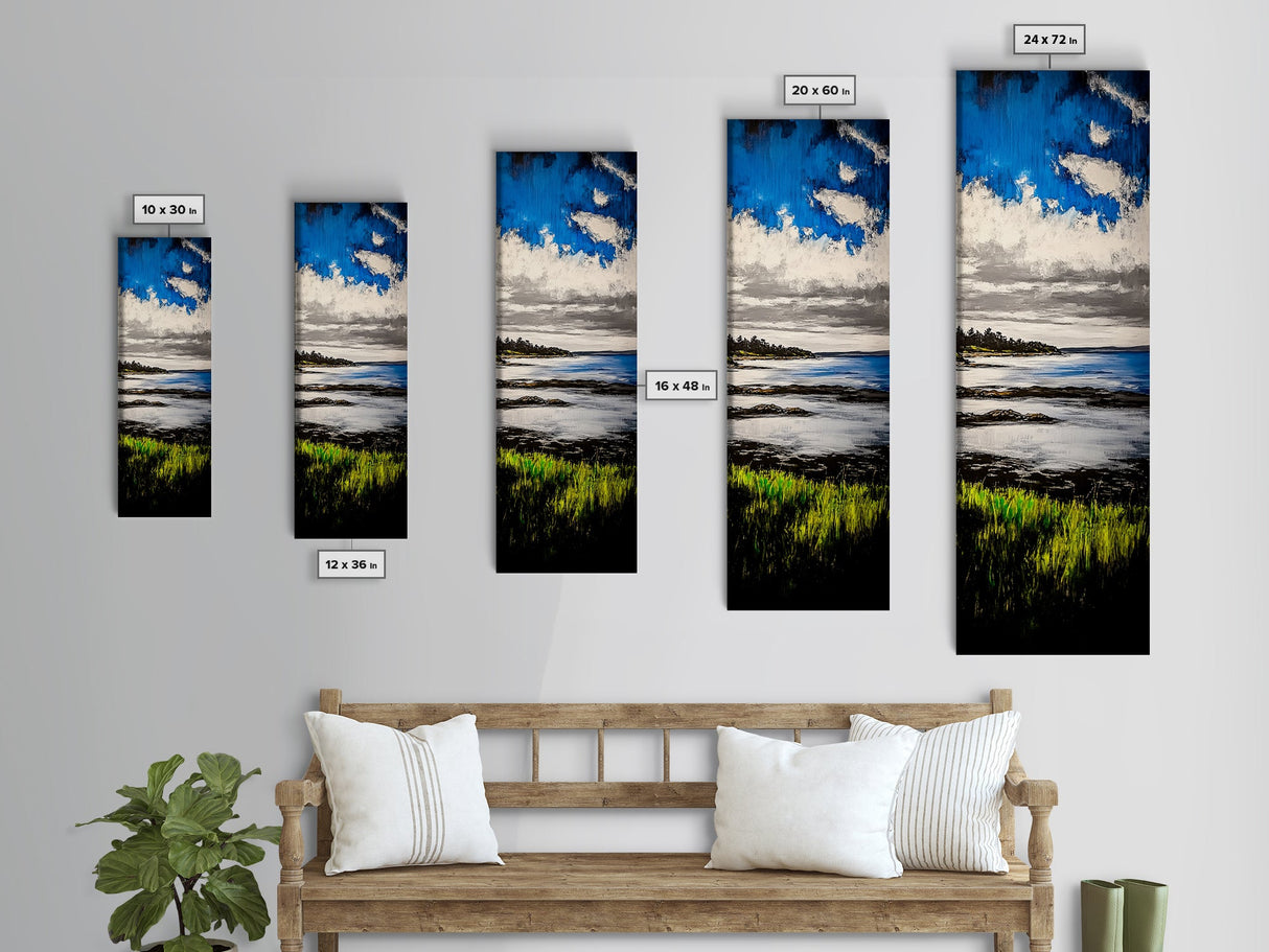 Tranquil Shore, Vibrant Blue Water, Serene Ocean View, Modern Coastal Decor, Beach House Aesthetic, Framed Canvas Print