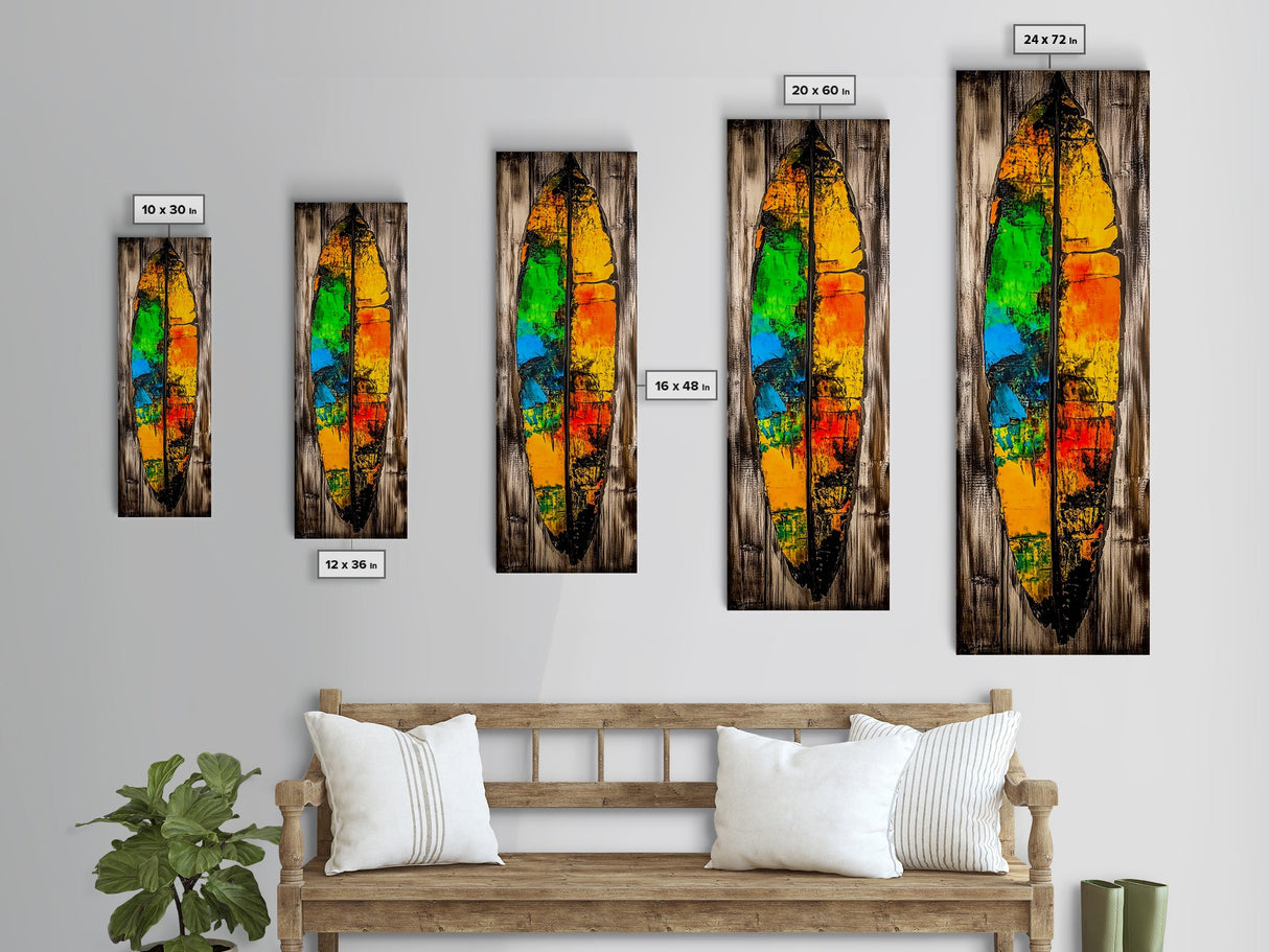 Rustic Surfboard, Abstract Art, Beach House Decor, Framed Canvas Print, Boho Wall Art, Coastal Living Room Artwork, Vibrant Painting