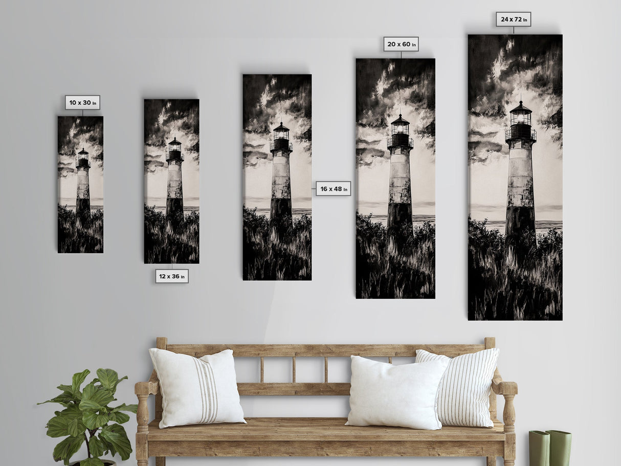 Lighthouse Silhouette, Coastal Wall Art, Nautical Decor, Canvas Print, Black and White Art, Seaside Home Decor, Minimalist Ocean Scene