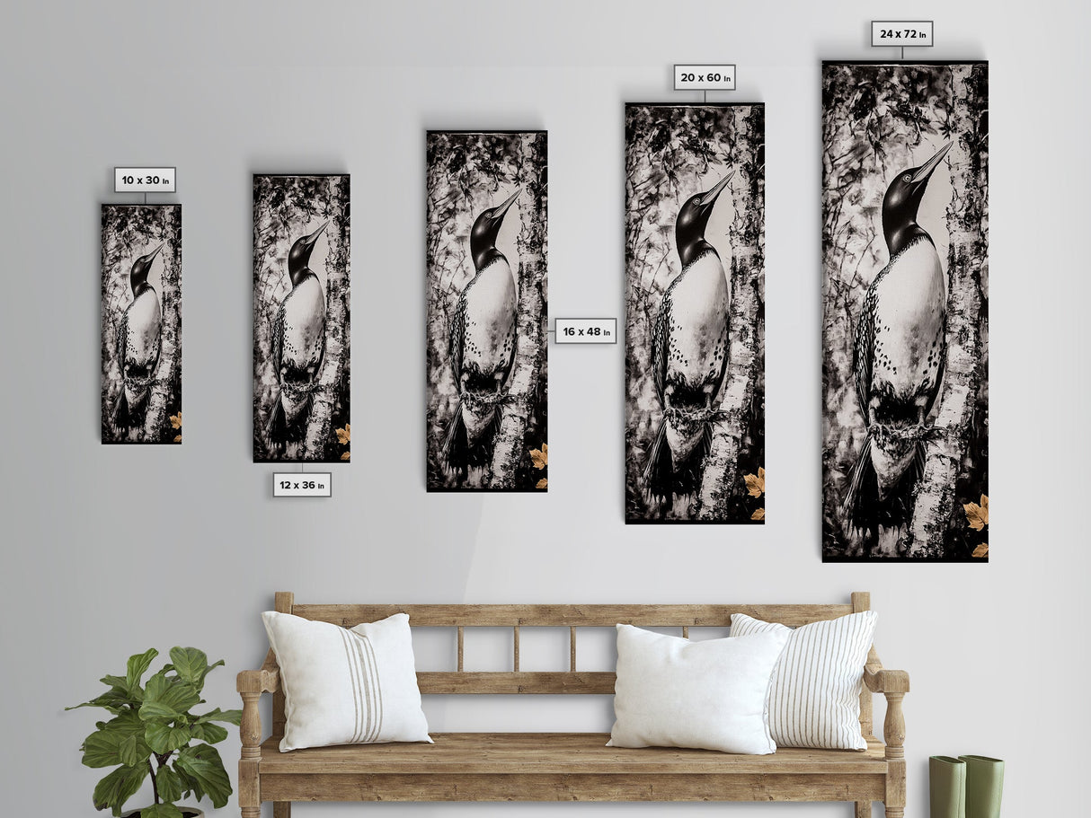 Loon and Birch, Woodland Wildlife Art, Black and White Bird Print, Canvas Print, Rustic Cabin Decor, Nature Inspired Wall Art