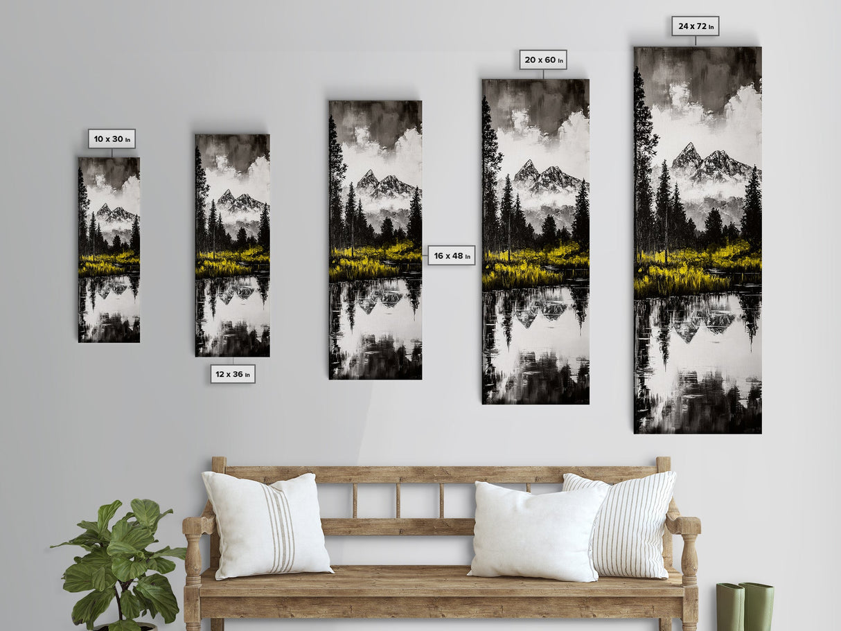 Twin Peaks, Forest Reflection, Framed Canvas Print, Mountain Art, Nature Decor, Rustic Landscape, Black and White Art, Bedroom Art