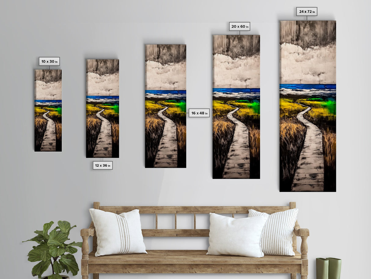Boardwalk, Beach Path Art, Coastal Living Room Decor, Ocean Horizon Print, Tranquil Landscape, Relaxing Home Aesthetic, Framed Canvas Print